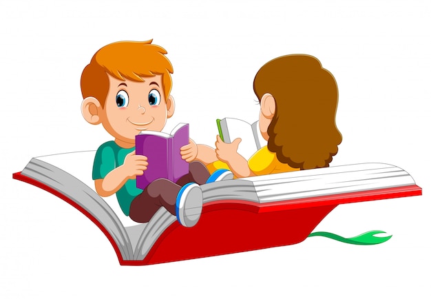 Boy and girl child flying on a big open book