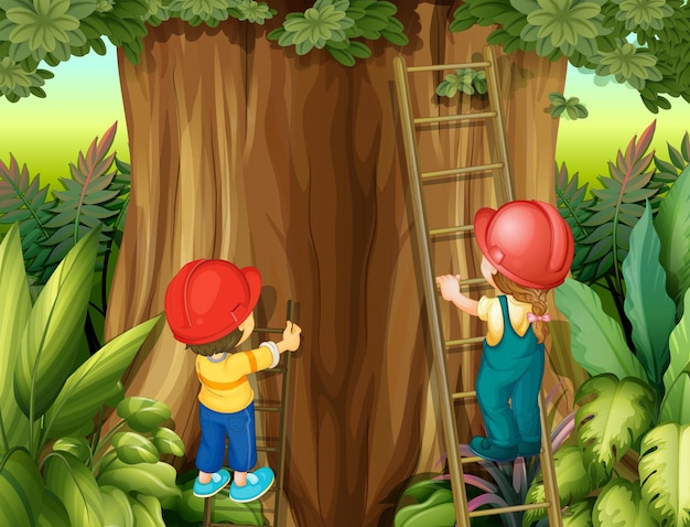 Vettore ragazzo e ragazza che salgono la scala sull'albero