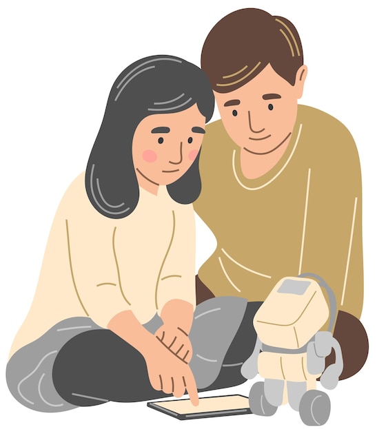 Мальчик и девочка управляют роботом через планшет.