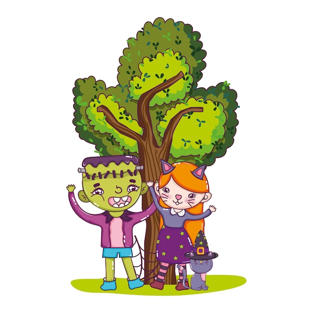 Boy and girl costume with cat and tree