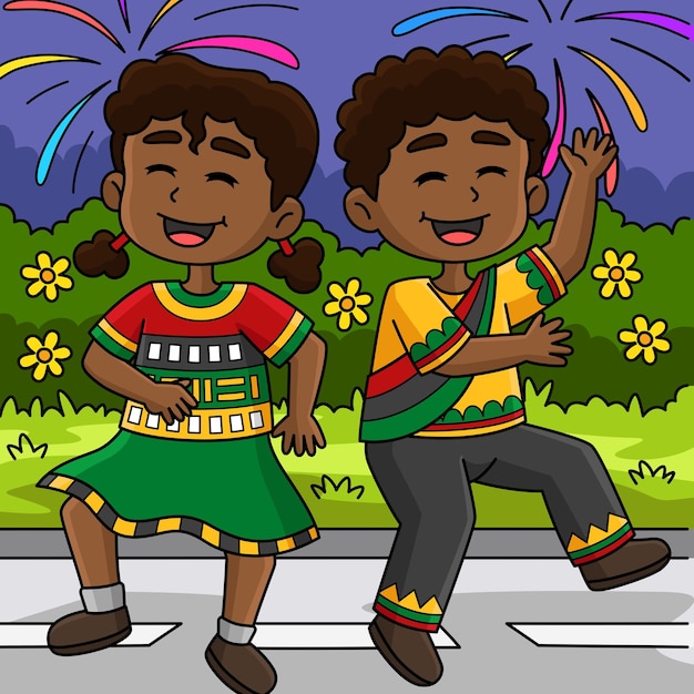 Vector boy and girl dancing on juneteenth colored cartoon