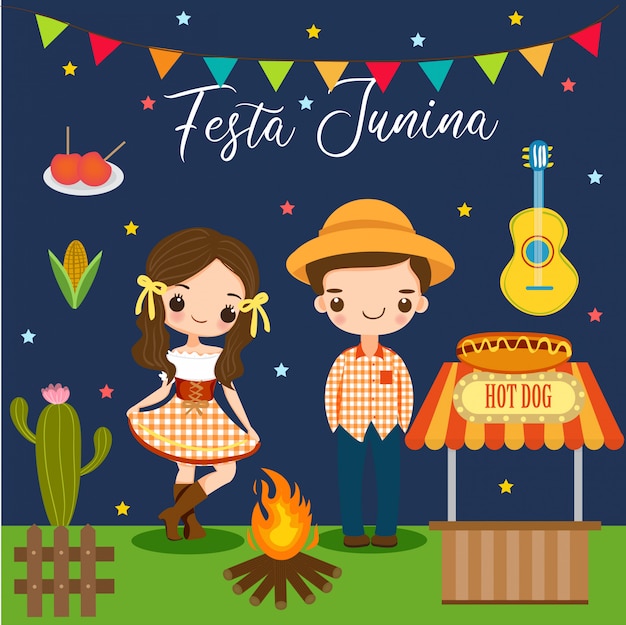 Boy and girl and elements for Festa Junina