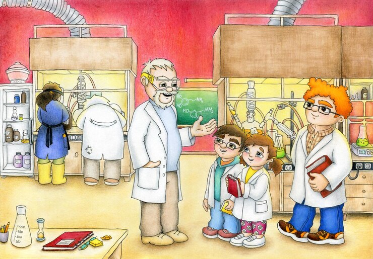 Vector boy and girl on an excursion with professor in chemical laboratory