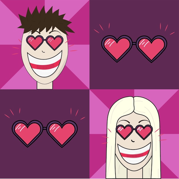 Vector boy and girl faces illustration heart glasses