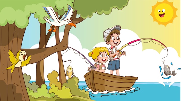 A boy and girl fishing in a boat with a bird flying above them.