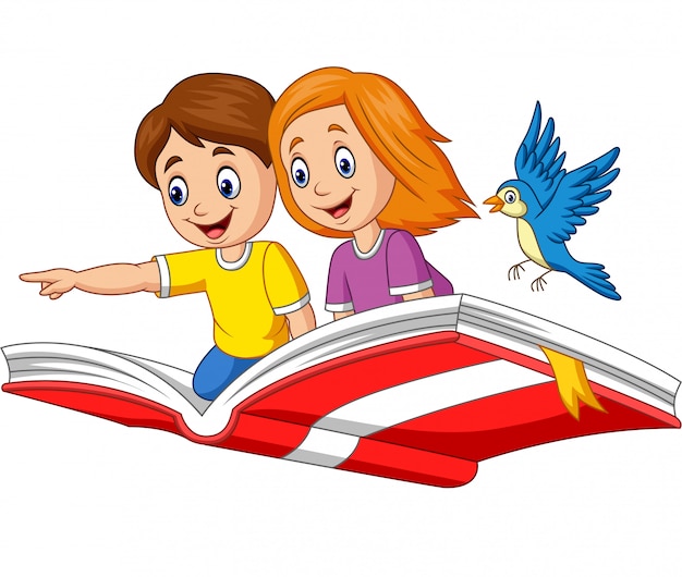 Boy and girl flying on a book