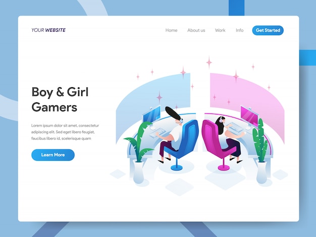 Boy and girl gamers isometric illustration for website page