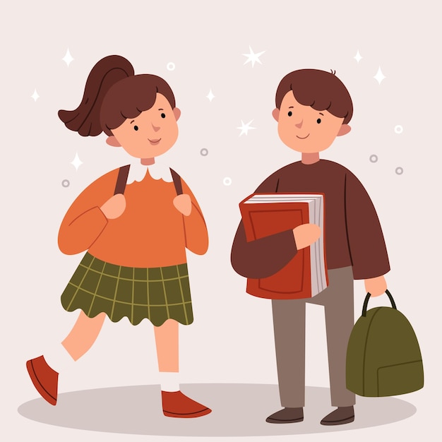 소년과 소녀는 학교에 간다. 현대 학교 교복입니다. 책과 배낭.