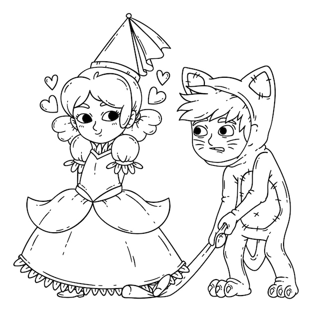 Boy and girl in halloween costumes princess and cat.