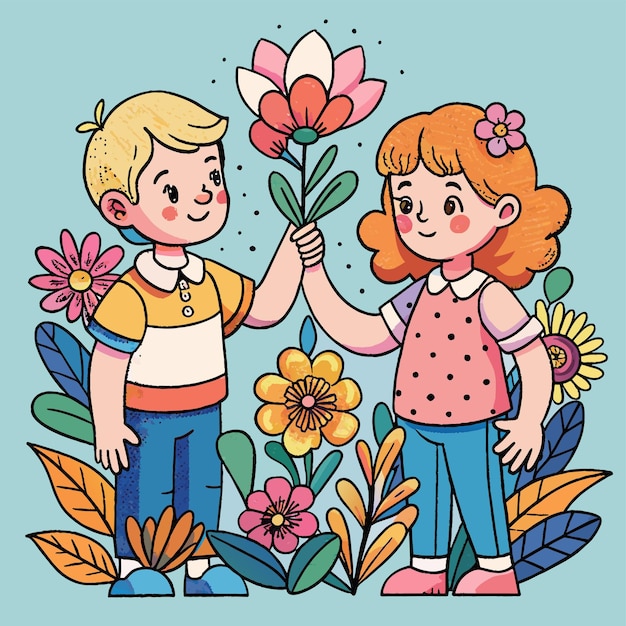 Vettore un ragazzo e una ragazza che tengono dei fiori con una ragazza che tiene un fiore