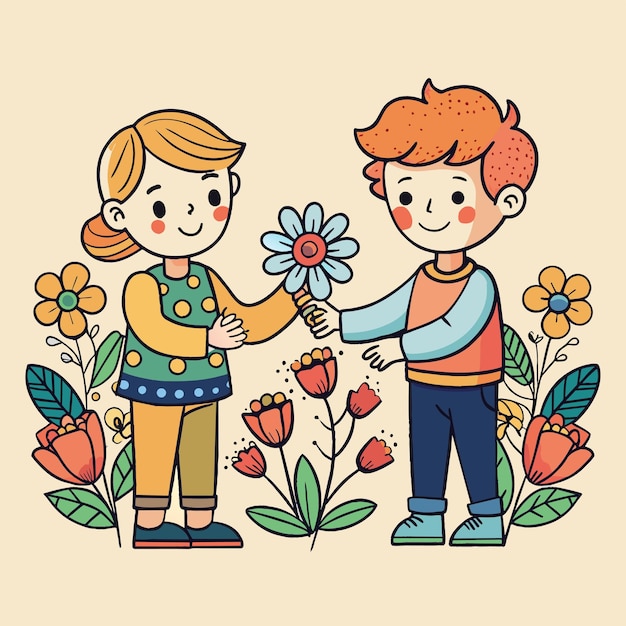 Vector a boy and girl holding hands with a flower in the middle