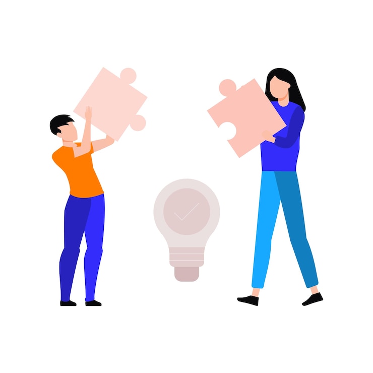 Vector boy and girl holding puzzle pieces.