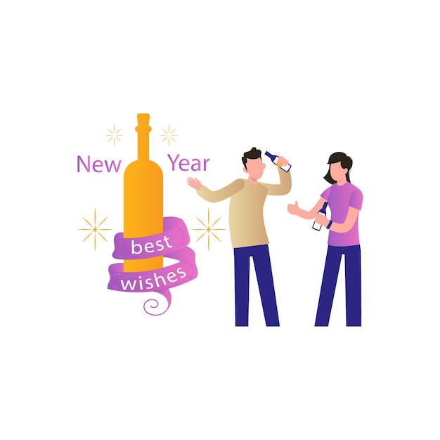 새해 축하를 위해 와인 병을 들고 있는 소년과 소녀