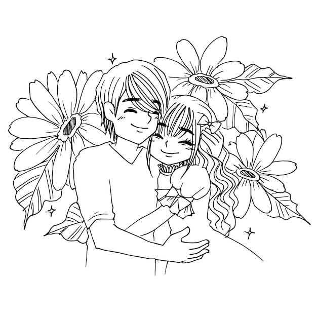 Vector a boy and girl hugging in front of flowers and the words 