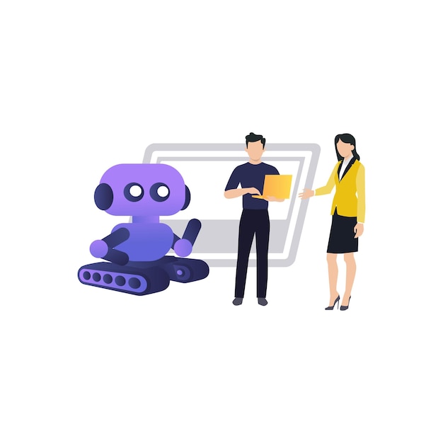 A boy and girl instructing a robot