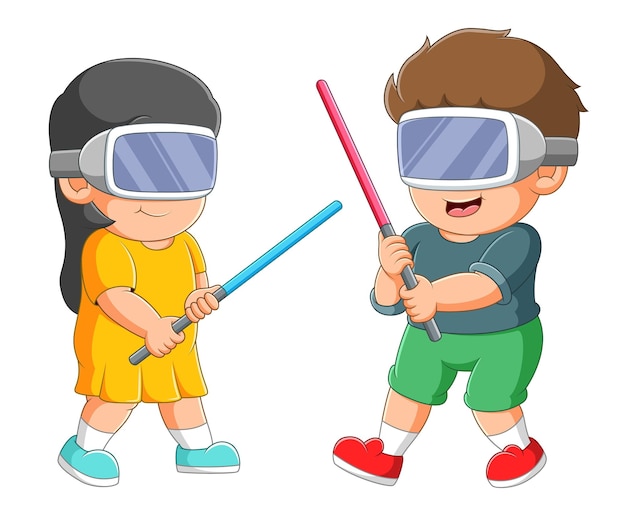 Мальчик и девочка вместе играют в виртуальную реальность
