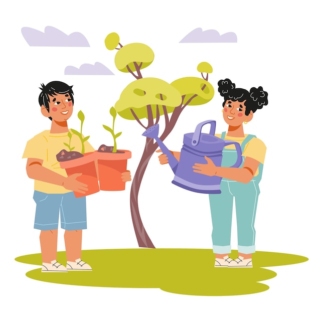 Boy and girl kids planting and gardening flat cartoon vector illustration isolated