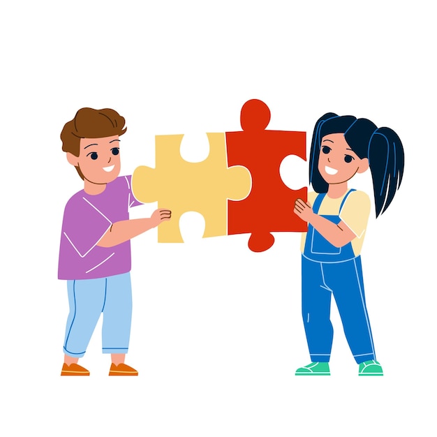 Boy and girl kids playing puzzle together vector