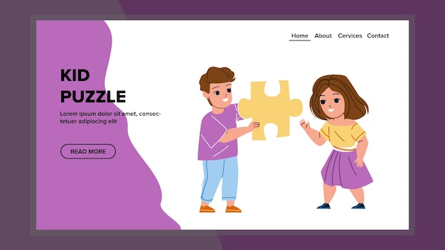 Vector boy and girl kids puzzle playing together vector preschooler kids puzzle smart game play and enjoy togetherness characters children funny leisure time web flat cartoon illustration