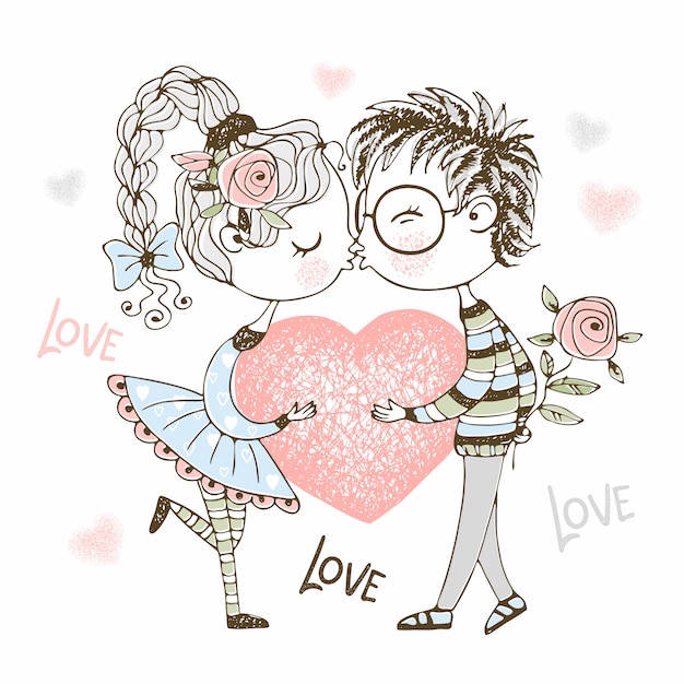 A boy and a girl kiss and hold a big heart. valentine.