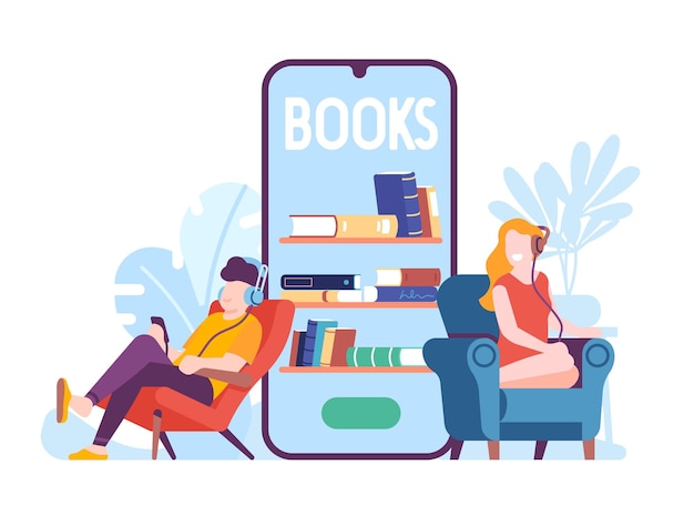 Boy and girl listening to audiobooks through headset Book reading smartphone application Digital bookcase People enjoying of literature Mobile screen Network library Vector concept