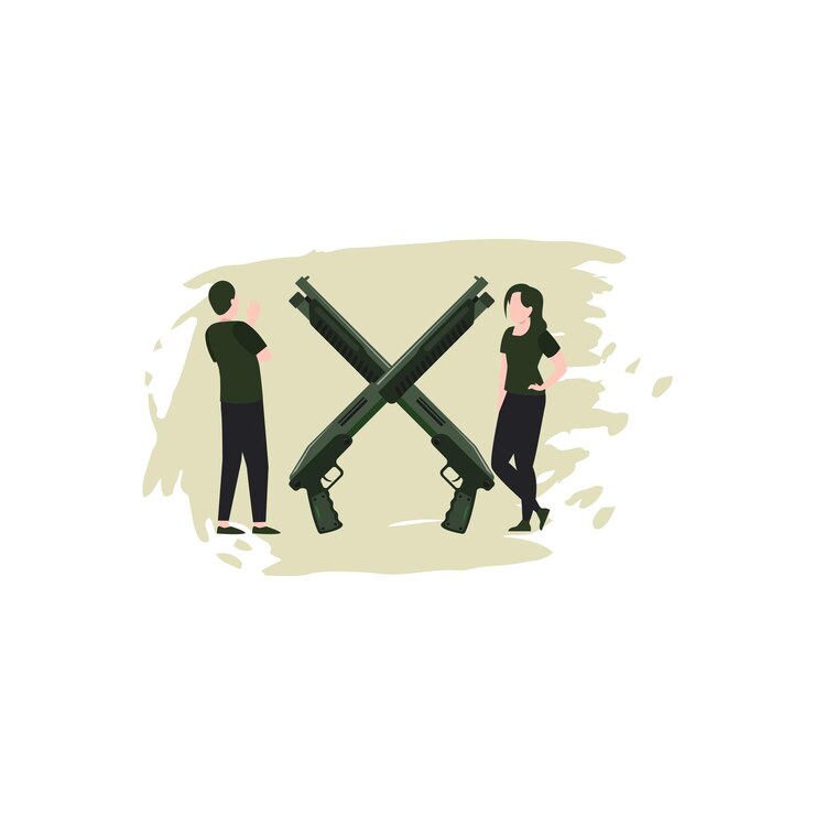 Vector boy and girl looking at guns