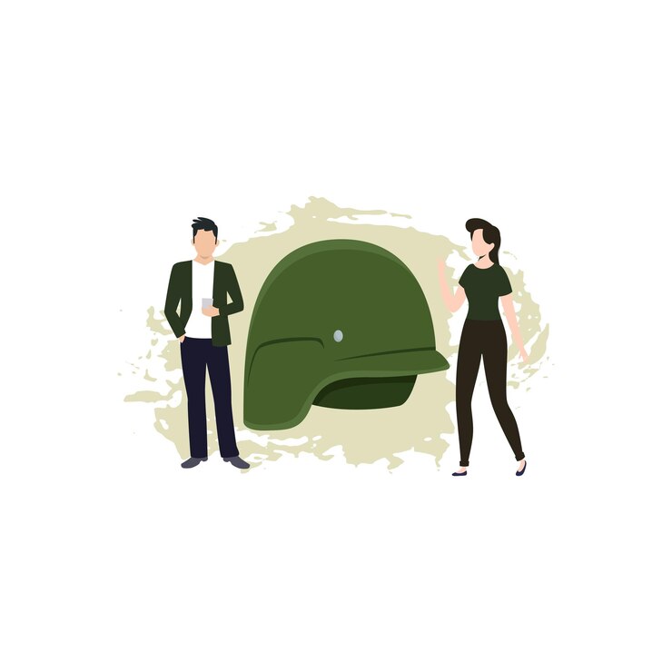 Vector 男孩和女孩看着军人的帽子