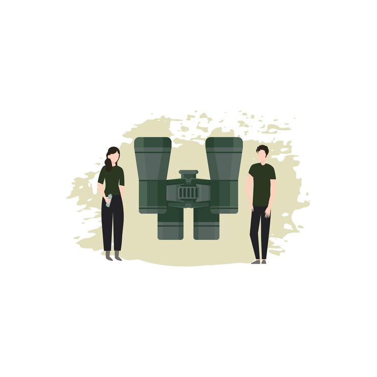 Vector boy and girl looking through binoculars
