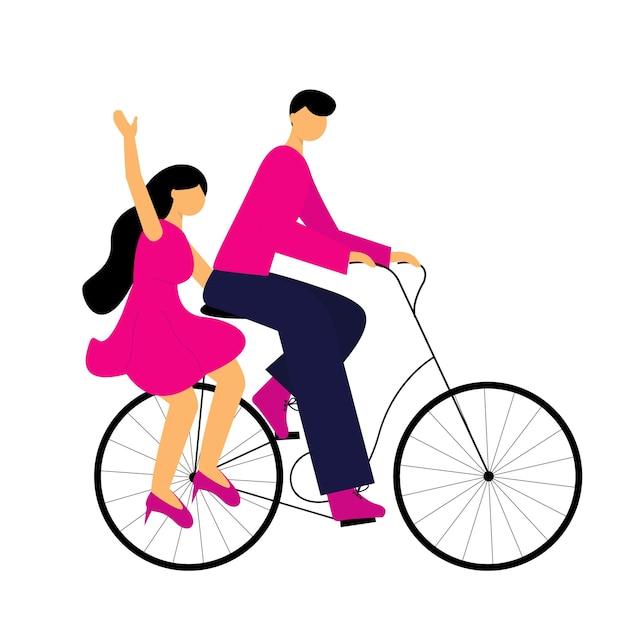 Vector boy and girl in love cycling together. cute lovely couple cycling together