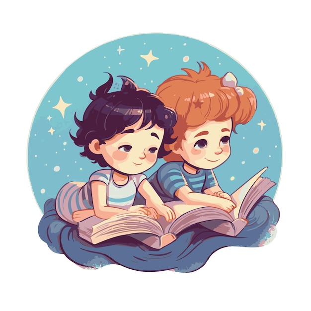 Vector boy and girl lying on stomach reading a book illustration logo