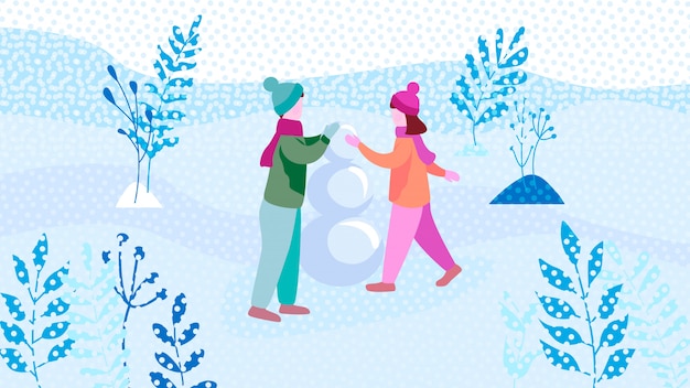 Vettore ragazzo e ragazza che fanno il pupazzo di neve nel parco