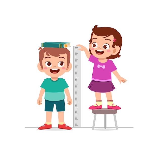 Boy and girl measure height for grow progress