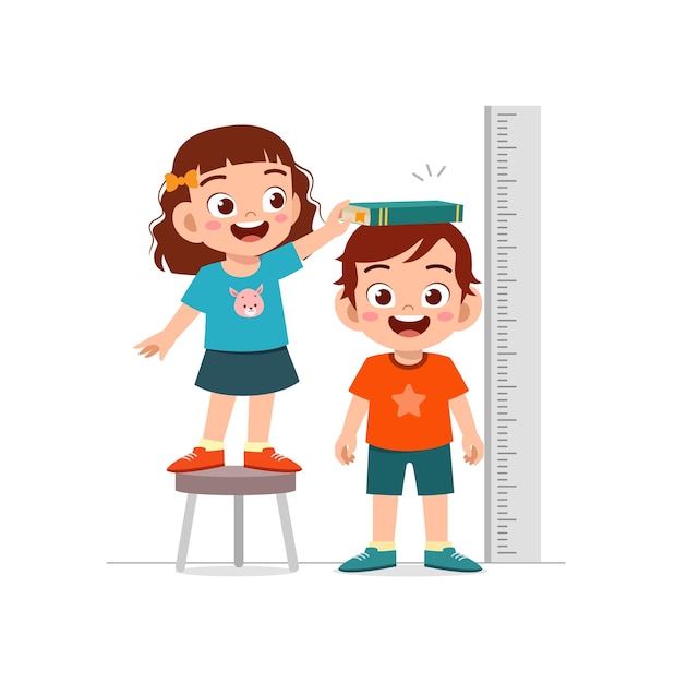 Boy and girl measure height for grow progress