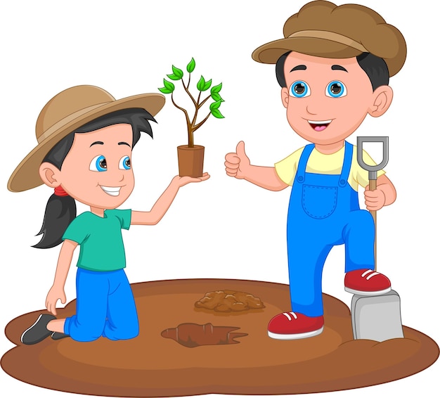 boy and girl planting trees