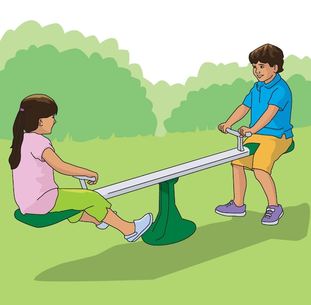 A boy and a girl playing happily on a see-saw