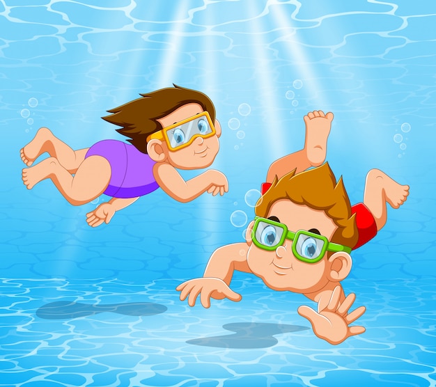 Vector boy and girl playing and swimming in pool under the water