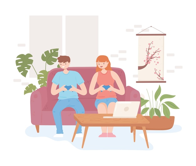Vector boy and girl playing to videogames