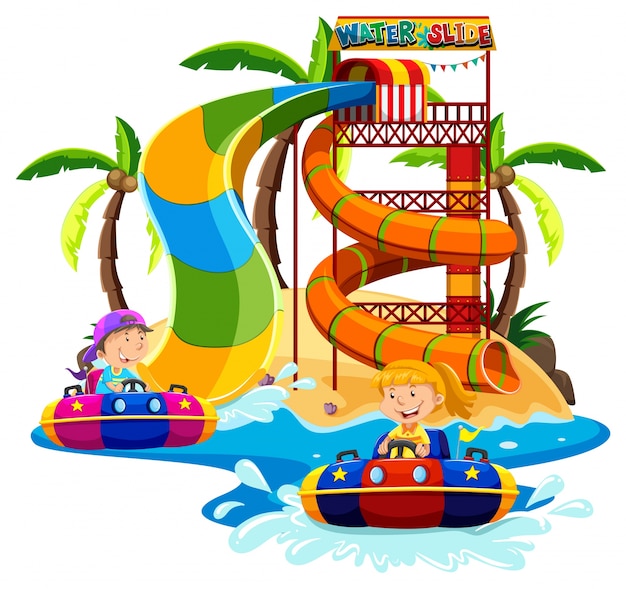 Vector boy and girl playing water slide