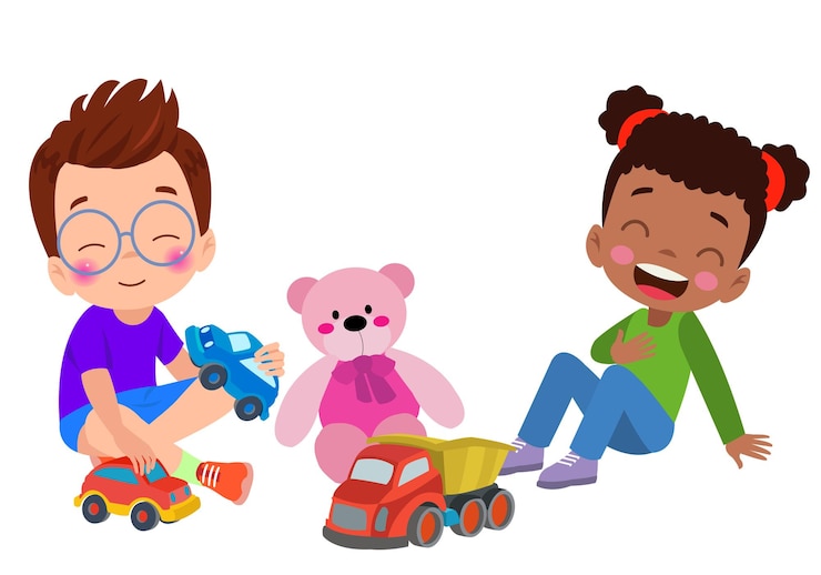 Vector a boy and girl playing with toys and a teddy bear.
