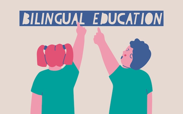 Vettore ragazzo e ragazza indicano con le dita l'iscrizione istruzione bilingue illustrazione isolata vettoriale