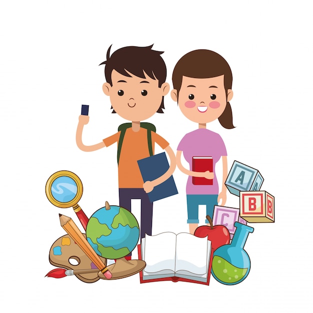 Мальчик и девочка puplis книга глобус сумка палитра карандаш