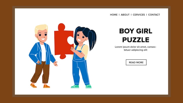 Ragazzo e ragazza puzzle puzzle giocare insieme vettore ragazzo e ragazza puzzle giocando insieme in caratteri di scuola materna tempo giocoso gioco intelligente e ricreazione web piatto fumetto illustrazione