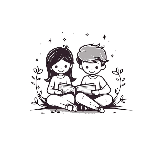 boy and girl reading a book illustration logo