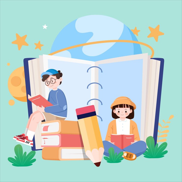 Vector 소년과 소녀가 큰 책 우주 배경에서 책을 읽고 있습니다.