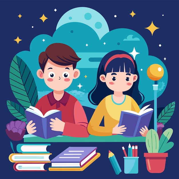 a boy and girl reading books in a room with a sky background