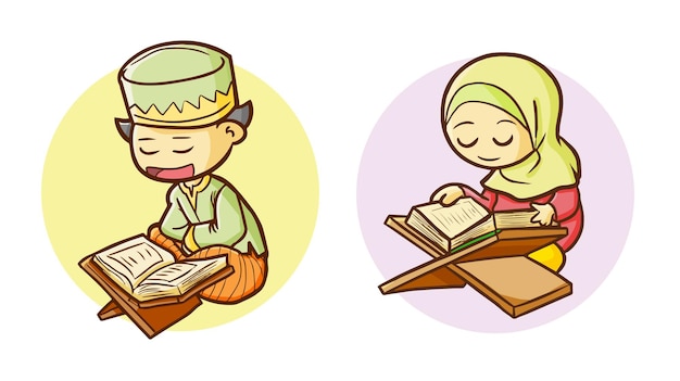 Boy and girl reading Quran in Ramadan in simple doodle style