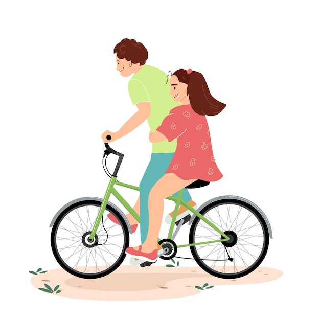 Boy and girl ride a bike together Happy boy rides a girl on a bicycle Children summer activities and