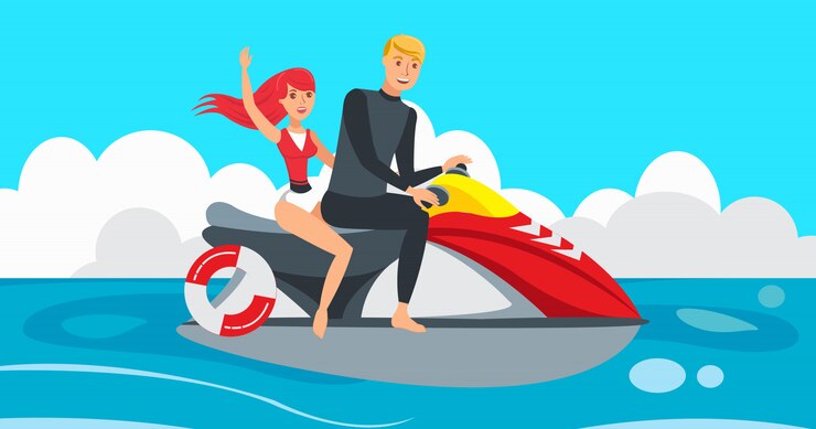 Vector boy and girl riding jet ski