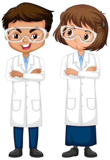 Boy and girl in science gown standing isolated