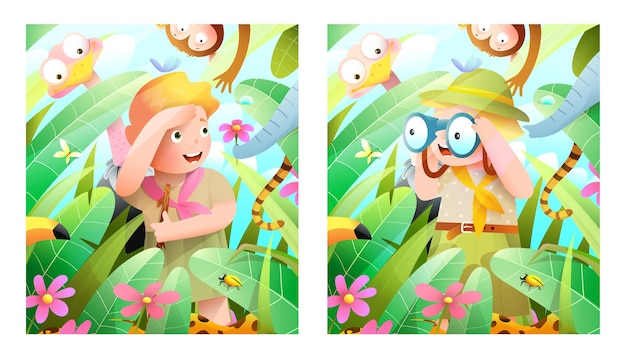 Boy and girl scout kids on jungle safari adventure with african animals looking with binoculars